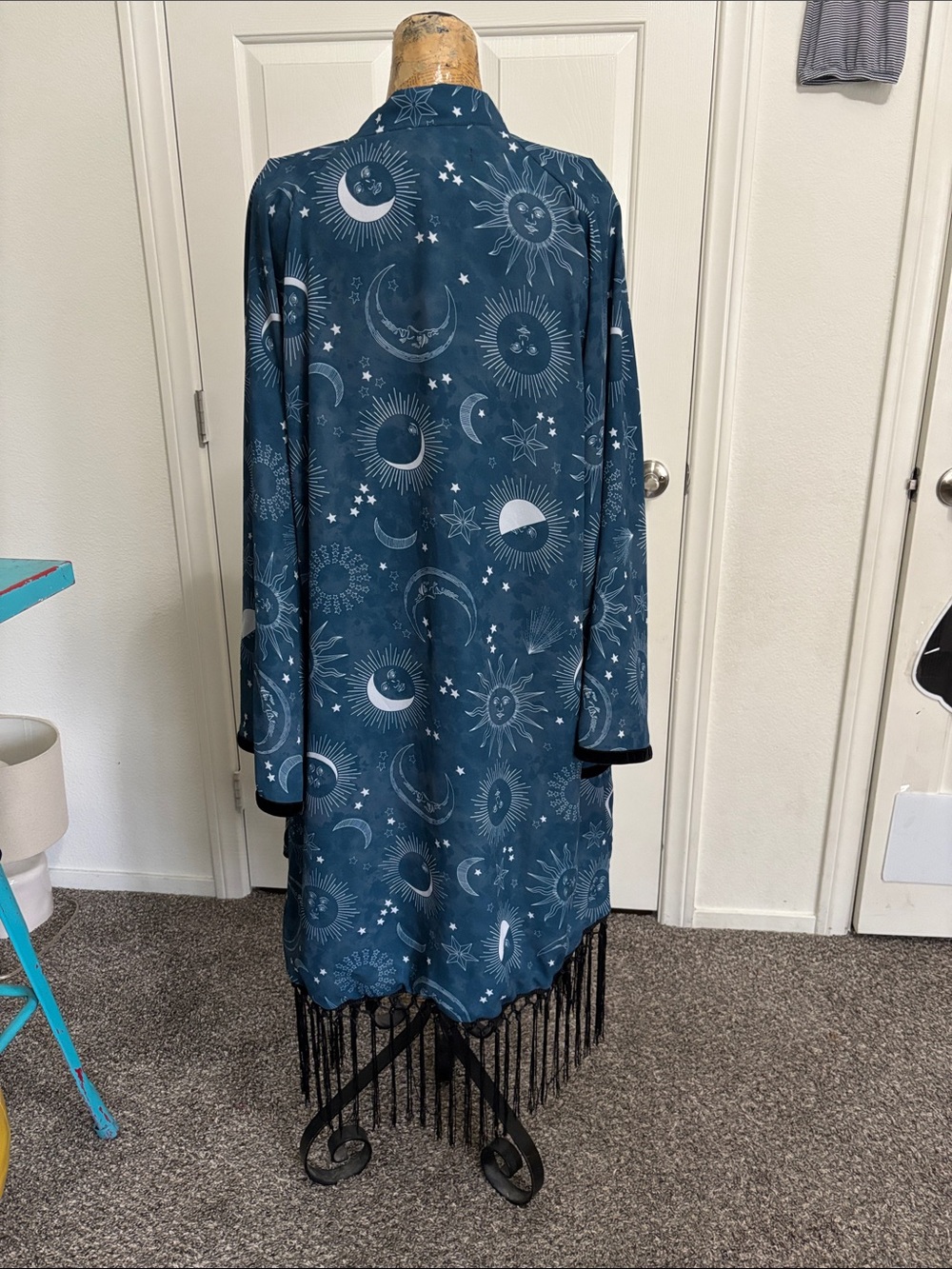 Cosmic Drifters kimono NEW M Celetial sun moon stars boho fringe velvet trim Y2K